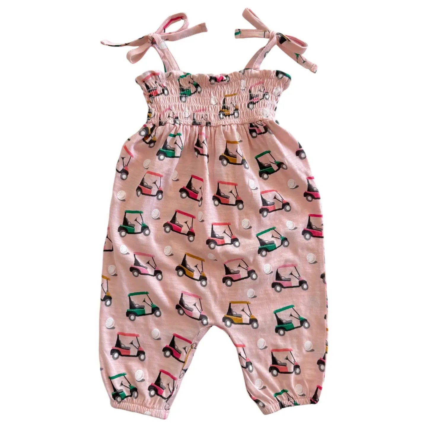Pink Golf Cart Organic Slub Smocked Jumpsuit
