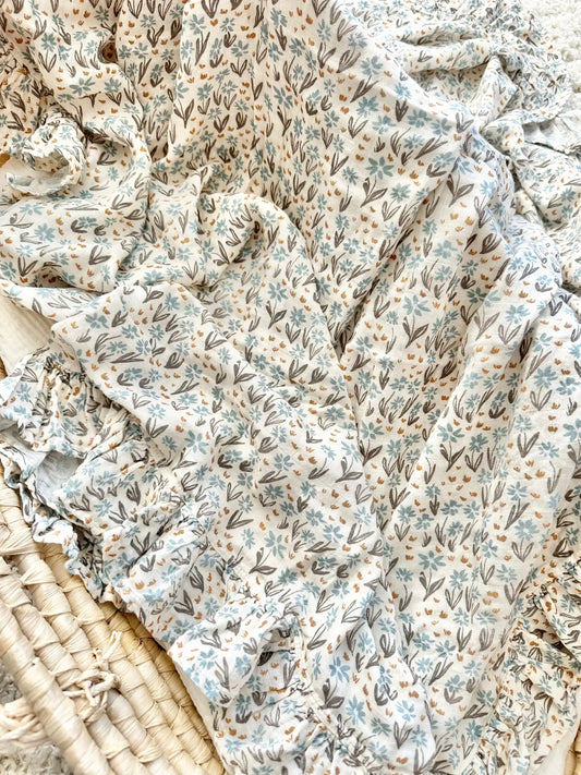 Muslin Swaddle Blanket Arona Blue Floral Ruffle