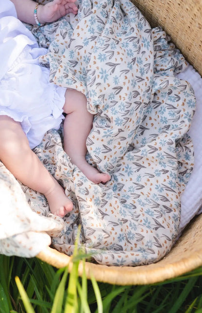 Muslin Swaddle Blanket Arona Blue Floral Ruffle