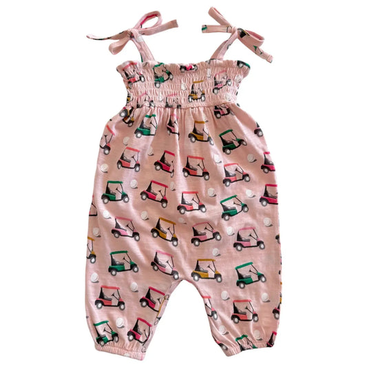 Pink Golf Cart Organic Slub Smocked Jumpsuit