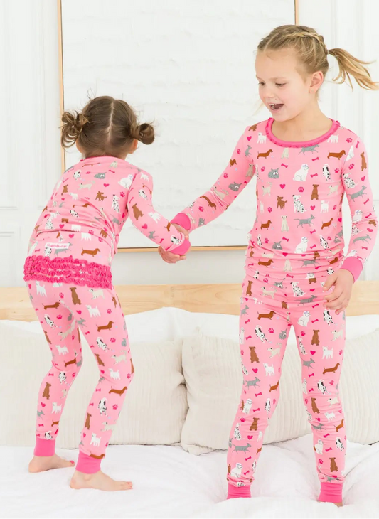 RuffleButts Two Piece Girls Puppy Long Sleeve Pajama Set