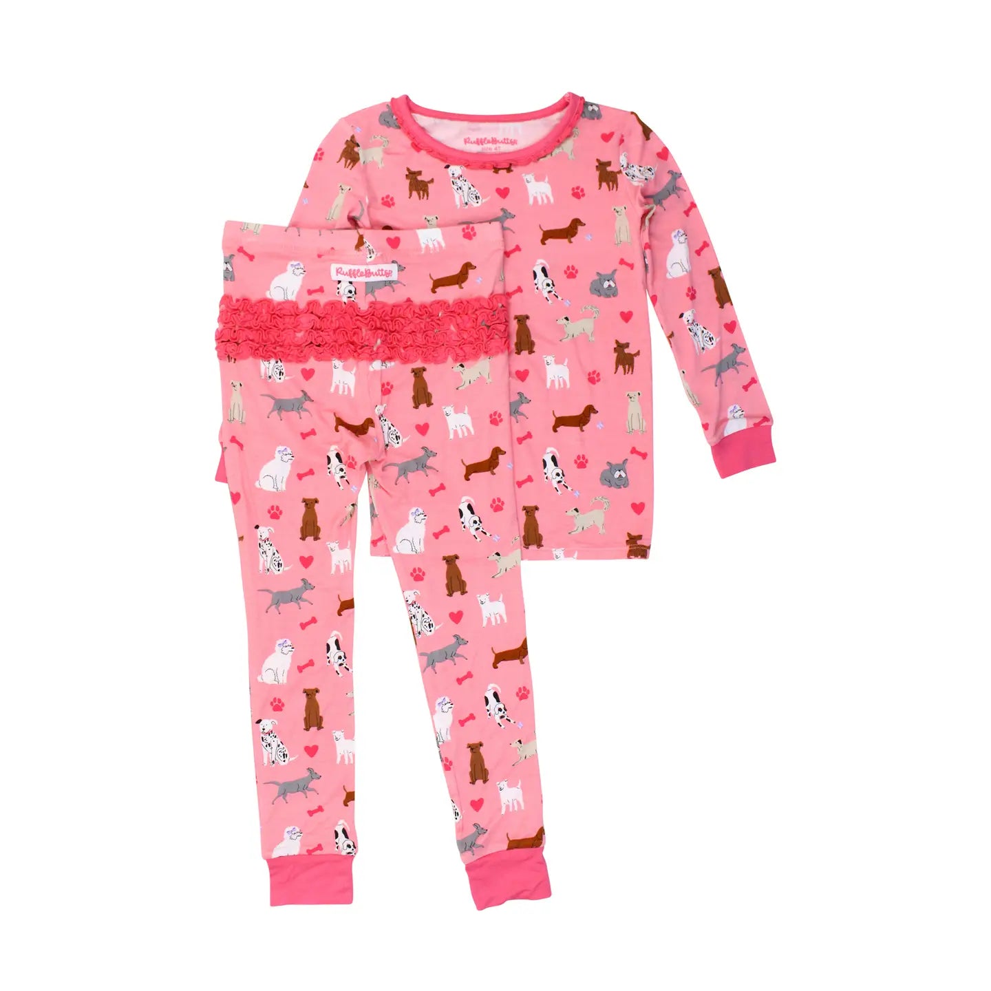 RuffleButts Two Piece Girls Puppy Long Sleeve Pajama Set