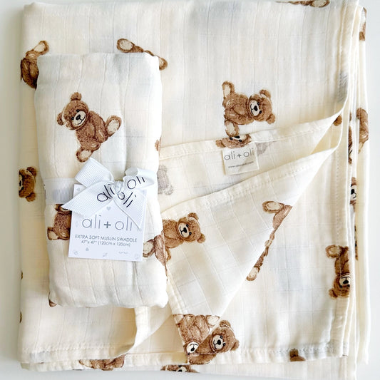 Bamboo Muslin Teddy Bear Swaddle Blanket
